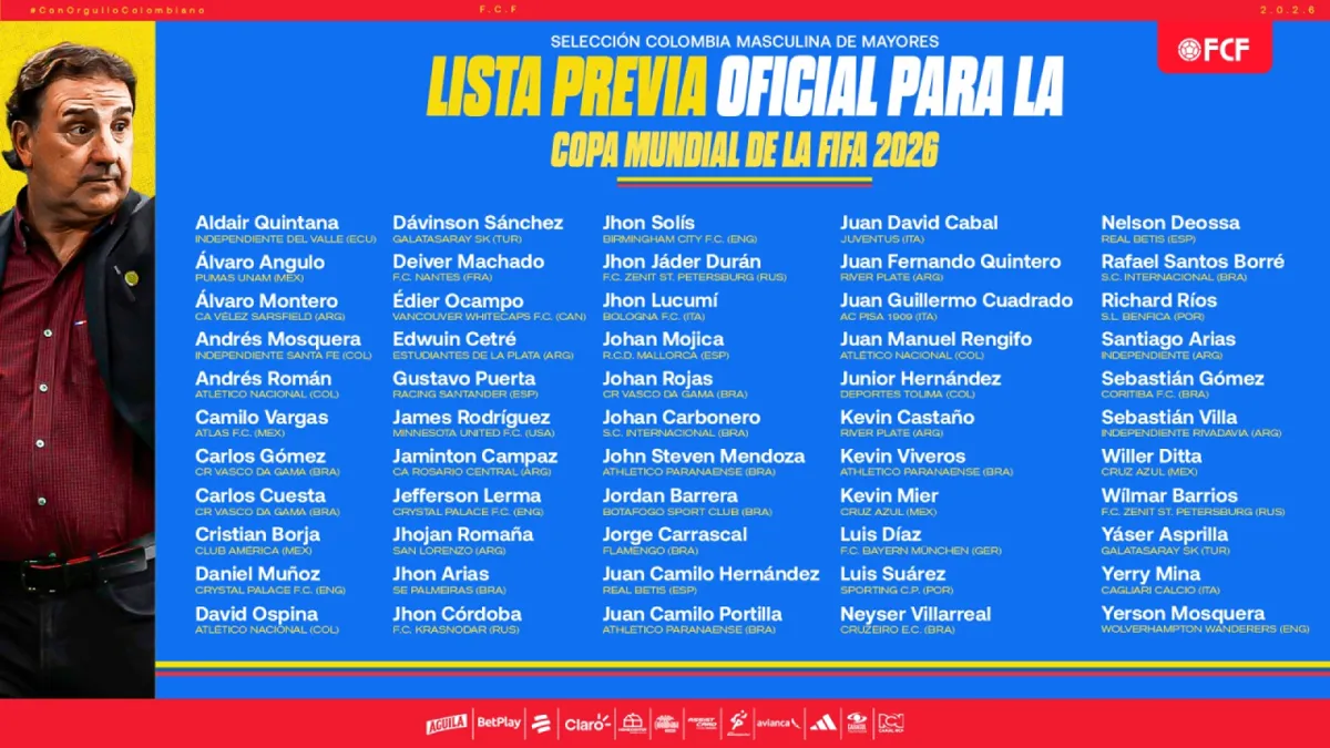 Prelista Colombia para el Mundial 2026: Néstor Lorenzo reveló los 55 convocados